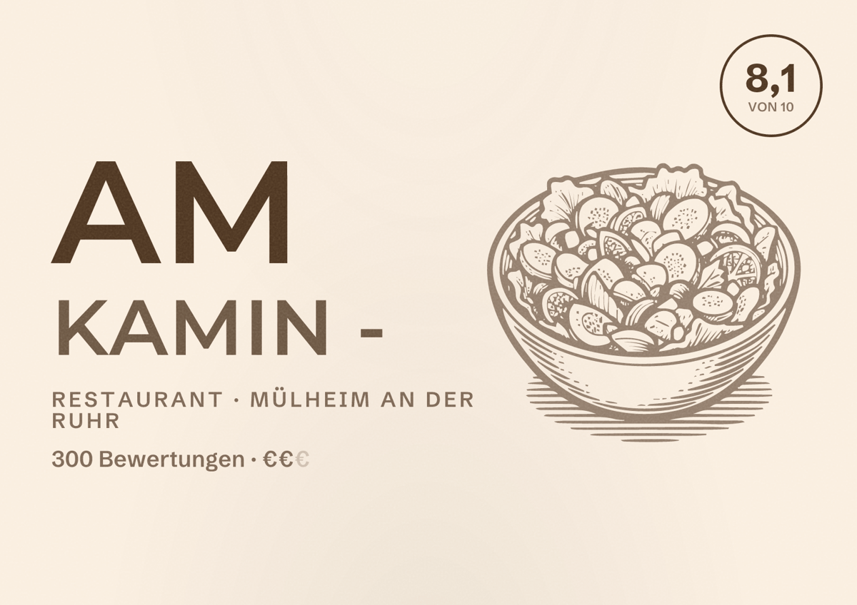 Illustriertes Poster von Am Kamin -, Restaurant in Mülheim an der Ruhr: Bewertung 8,1 von 10 aus 300 Bewertungen, Preisniveau €€