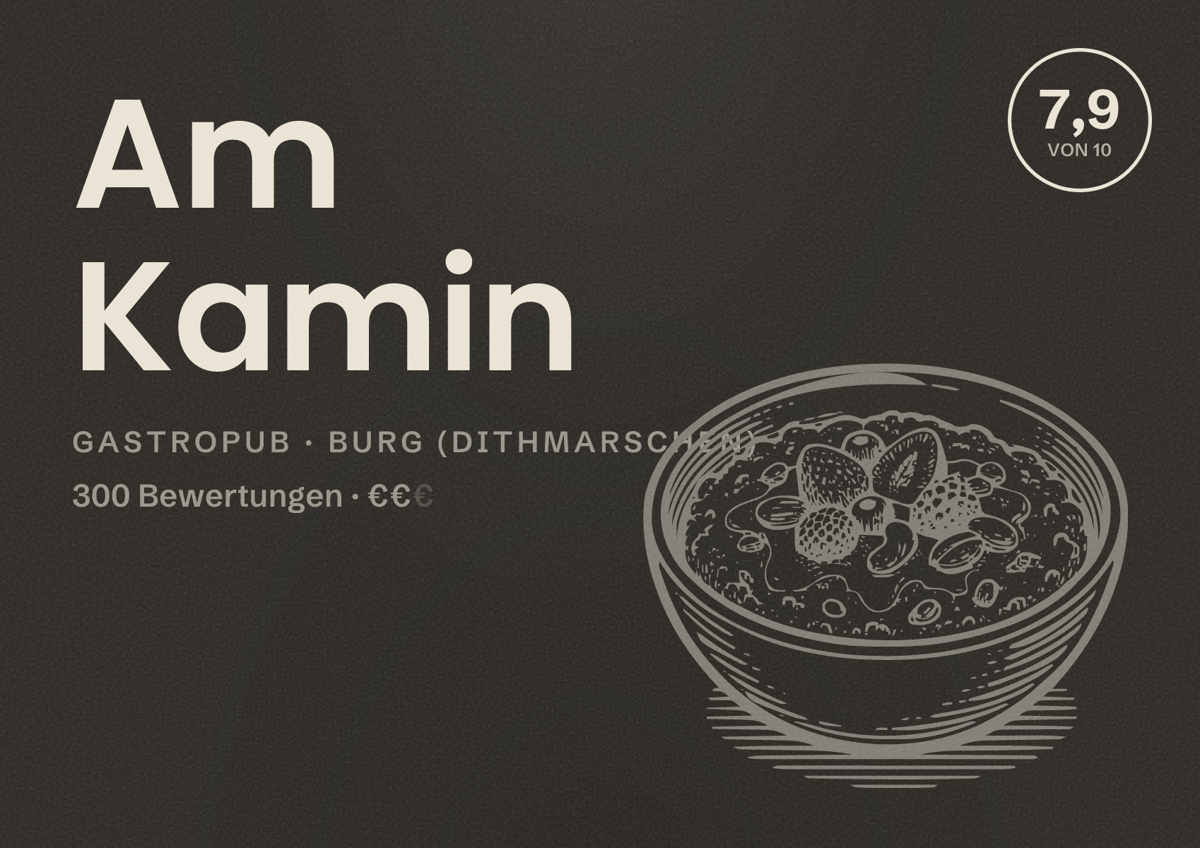 Illustriertes Poster von Am Kamin, Gastropub in Burg (Dithmarschen): Bewertung 7,9 von 10 aus 300 Bewertungen, Preisniveau €€