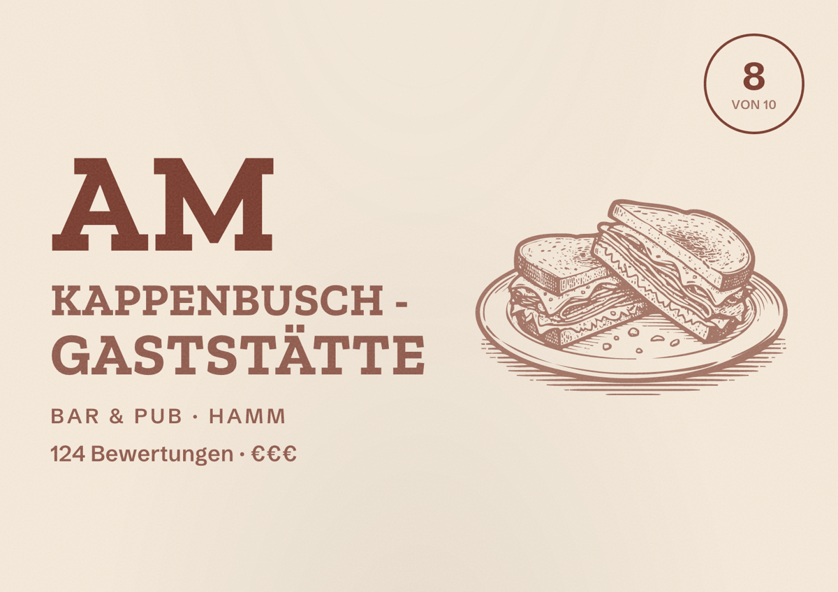 Illustriertes Poster von Am Kappenbusch - Gaststätte, Bar & Pub in Hamm: Bewertung 8 von 10 aus 124 Bewertungen, Preisniveau €€€