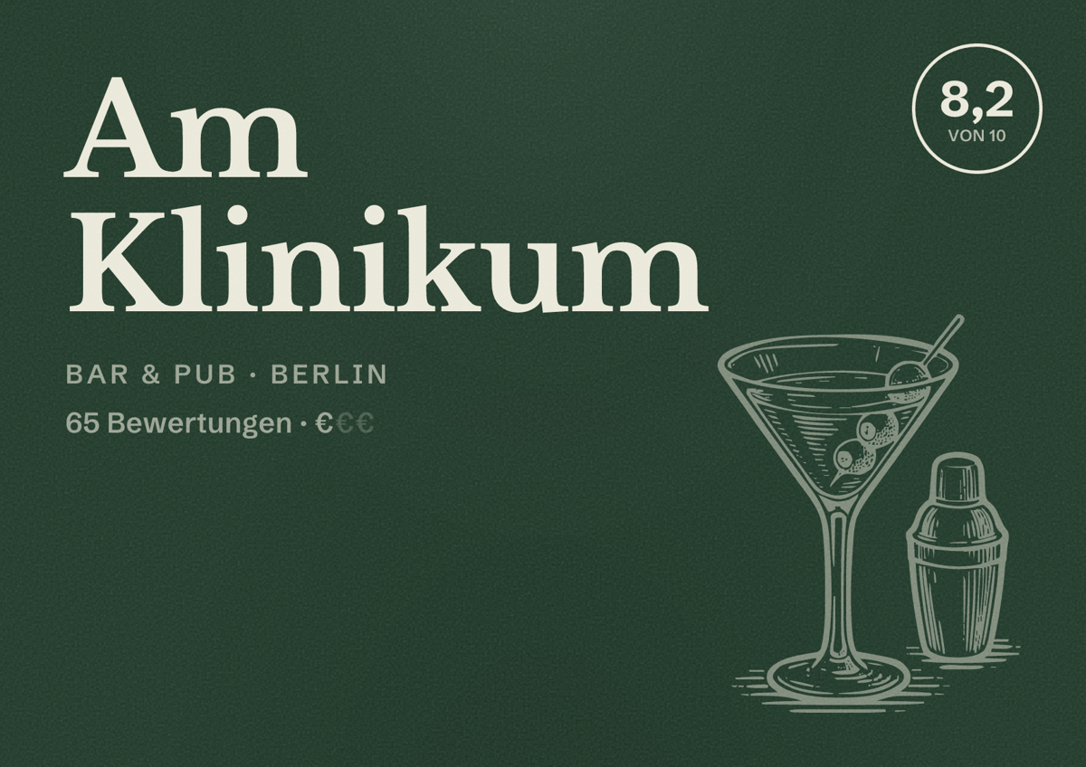 Illustriertes Poster von Am Klinikum, Bar & Pub in Berlin: Bewertung 8,2 von 10 aus 65 Bewertungen, Preisniveau €