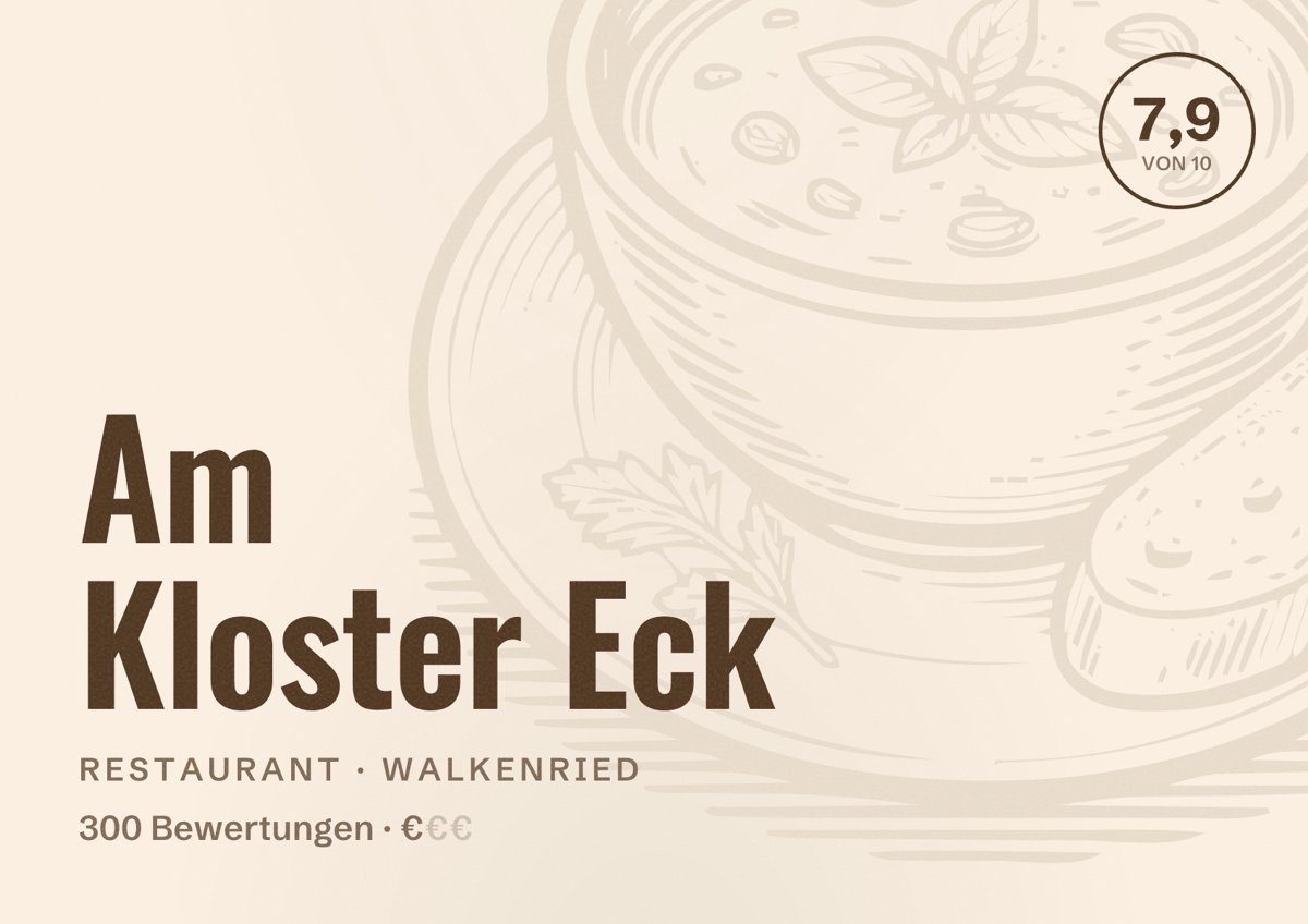 Illustriertes Poster von Am Kloster Eck, Restaurant in Walkenried: Bewertung 7,9 von 10 aus 300 Bewertungen, Preisniveau €