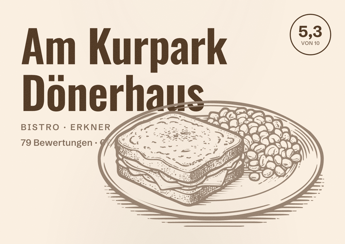 Illustriertes Poster von Am Kurpark Dönerhaus, Bistro in Erkner: Bewertung 5,3 von 10 aus 79 Bewertungen, Preisniveau €