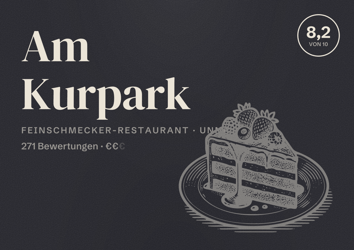 Illustriertes Poster von Am Kurpark, Feinschmecker-Restaurant in Unna: Bewertung 8,2 von 10 aus 271 Bewertungen, Preisniveau €€