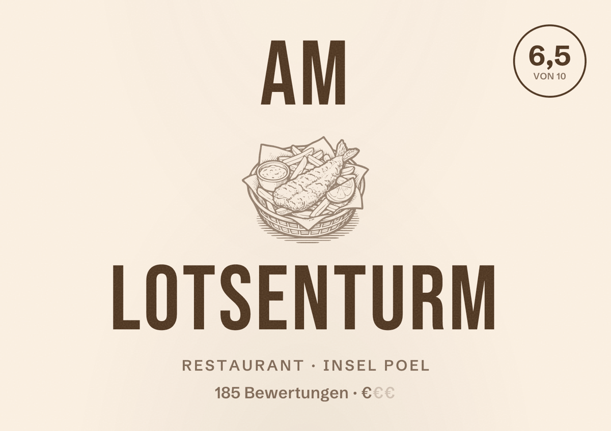 Illustriertes Poster von Am Lotsenturm, Restaurant in Insel Poel: Bewertung 6,5 von 10 aus 185 Bewertungen, Preisniveau €