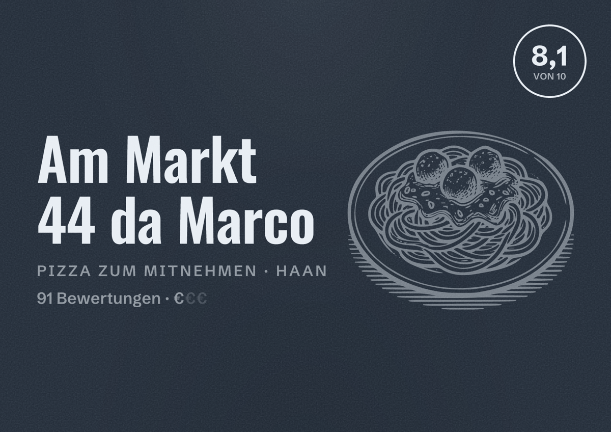 Illustriertes Poster von Am Markt 44 da Marco, Pizza zum Mitnehmen in Haan: Bewertung 8,1 von 10 aus 91 Bewertungen, Preisniveau €