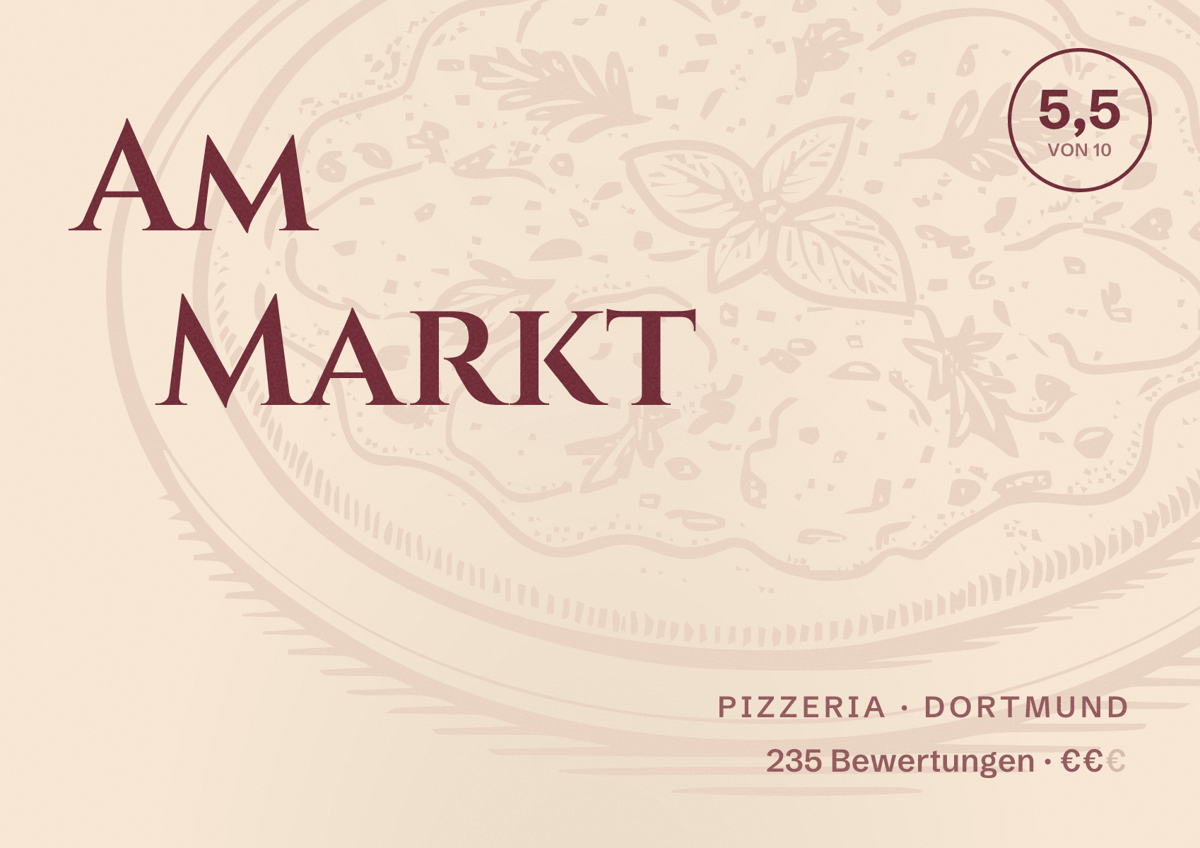 Illustriertes Poster von Am Markt, Pizzeria in Dortmund: Bewertung 5,5 von 10 aus 235 Bewertungen, Preisniveau €€