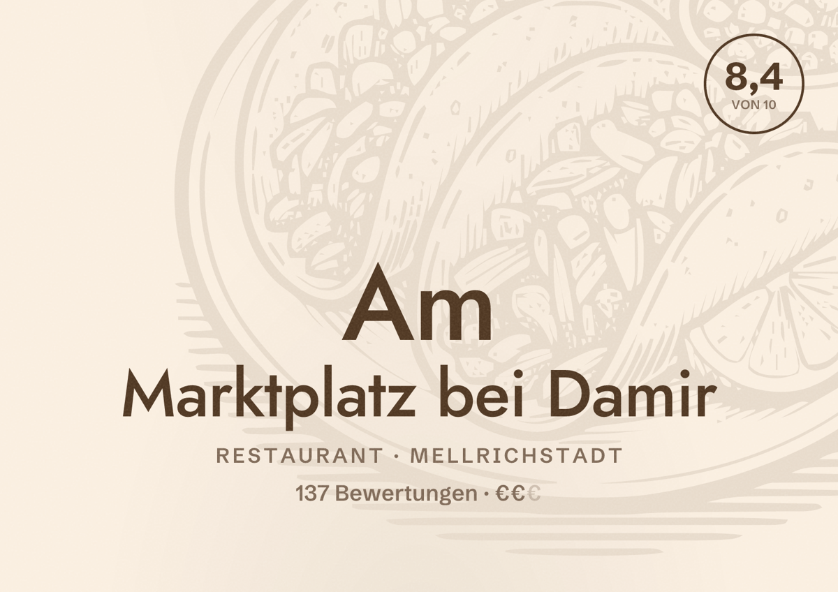 Illustriertes Poster von Am Marktplatz bei Damir, Restaurant in Mellrichstadt: Bewertung 8,4 von 10 aus 137 Bewertungen, Preisniveau €€