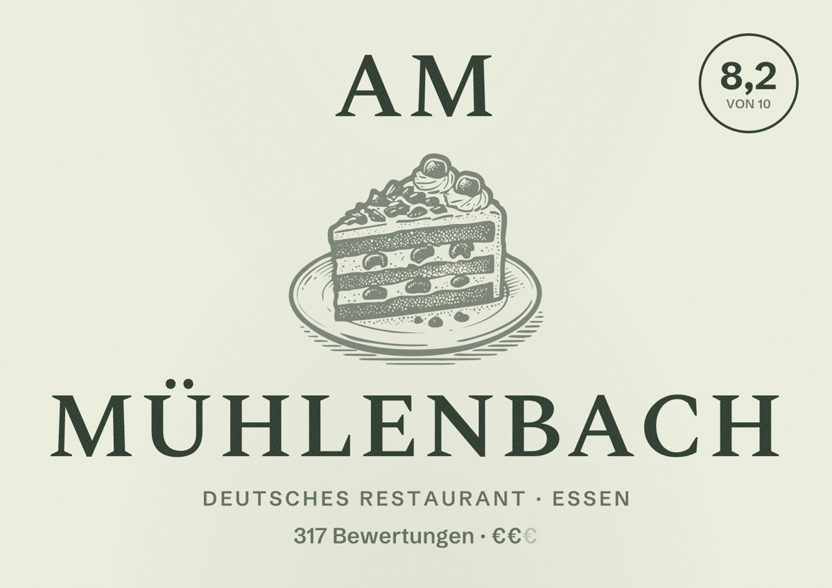 Illustriertes Poster von Am Mühlenbach, Deutsches Restaurant in Essen: Bewertung 8,2 von 10 aus 317 Bewertungen, Preisniveau €€