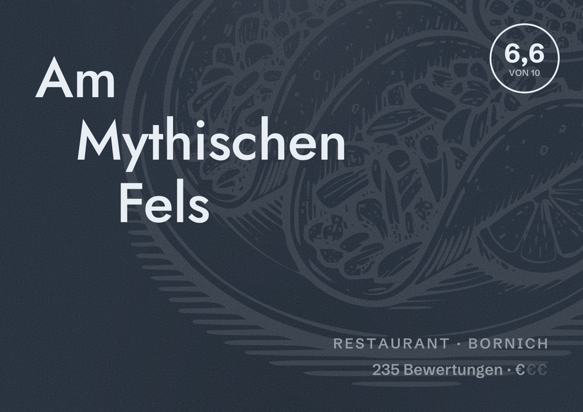Illustriertes Poster von Am Mythischen Fels, Restaurant in Bornich: Bewertung 6,6 von 10 aus 235 Bewertungen, Preisniveau €
