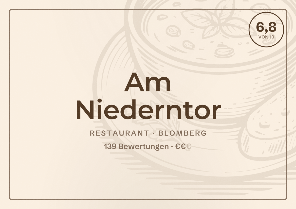 Illustriertes Poster von Am Niederntor, Restaurant in Blomberg: Bewertung 6,8 von 10 aus 139 Bewertungen, Preisniveau €€