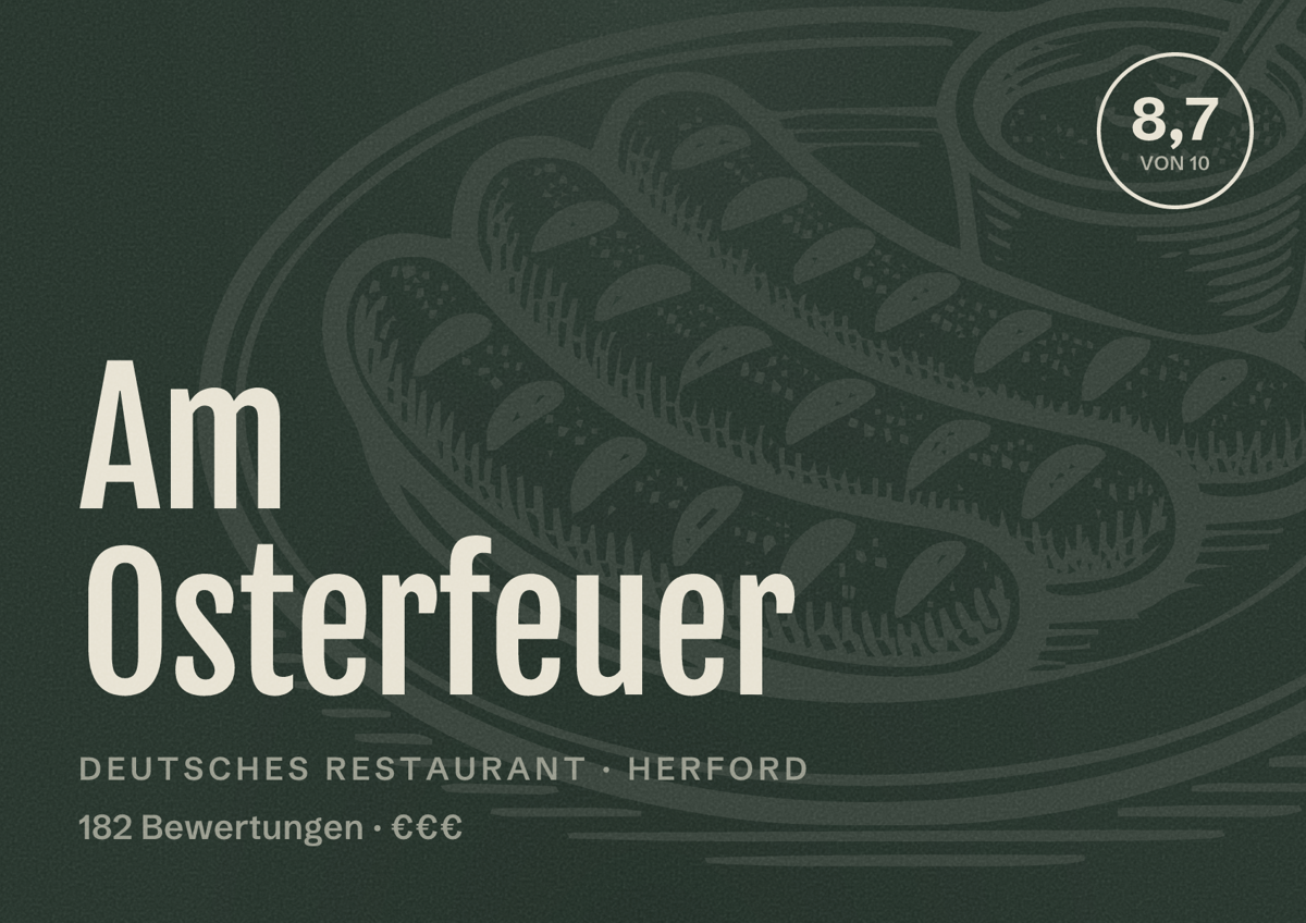 Illustriertes Poster von Am Osterfeuer, Deutsches Restaurant in Herford: Bewertung 8,7 von 10 aus 182 Bewertungen, Preisniveau €€€