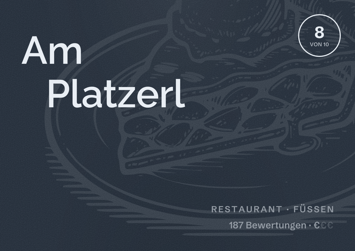 Illustriertes Poster von Am Platzerl, Restaurant in Füssen: Bewertung 8 von 10 aus 187 Bewertungen, Preisniveau €