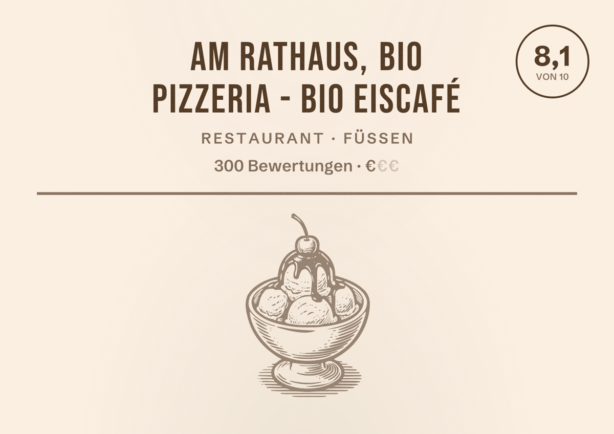 Illustriertes Poster von Am Rathaus, Bio Pizzeria - Bio Eiscafé, Restaurant in Füssen: Bewertung 8,1 von 10 aus 300 Bewertungen, Preisniveau €