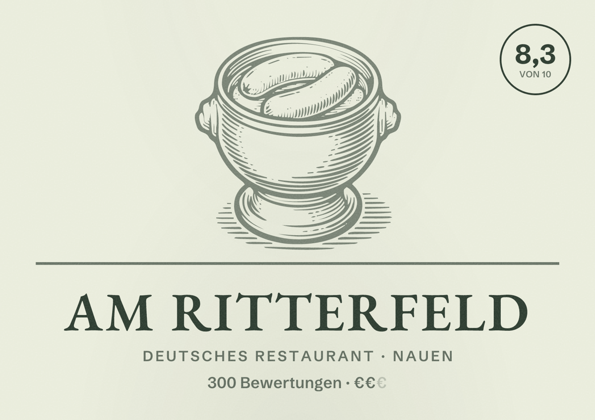 Illustriertes Poster von Am Ritterfeld, Deutsches Restaurant in Nauen: Bewertung 8,3 von 10 aus 300 Bewertungen, Preisniveau €€