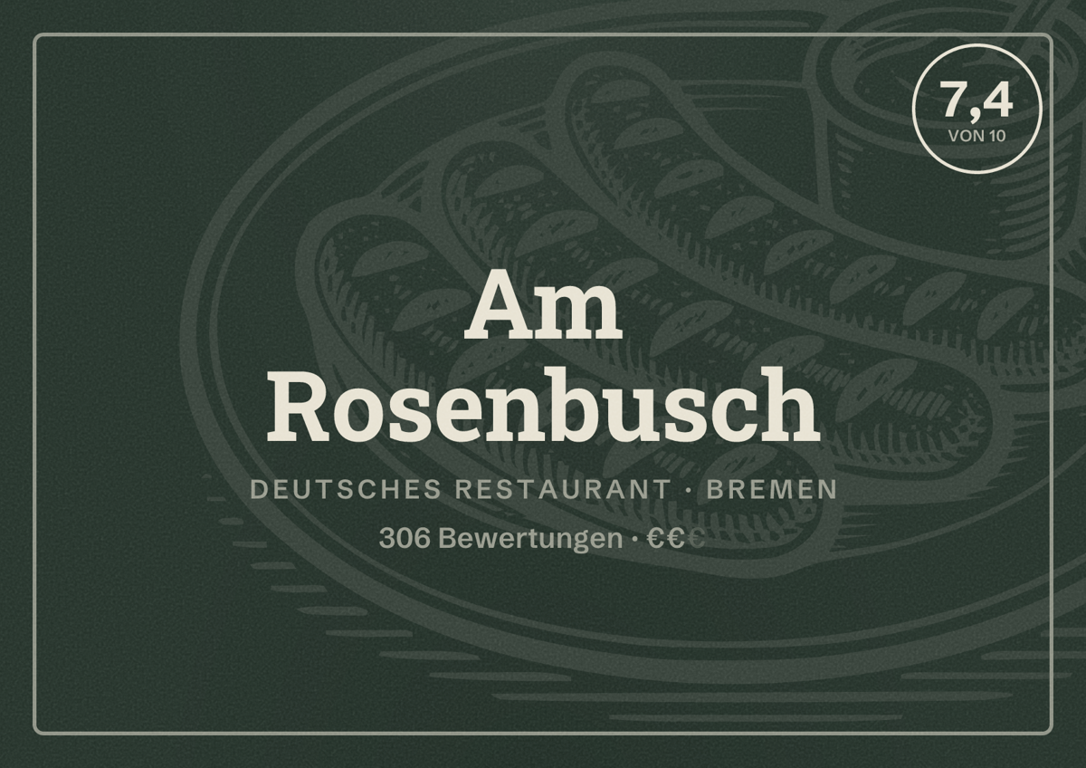 Illustriertes Poster von Am Rosenbusch, Deutsches Restaurant in Bremen: Bewertung 7,4 von 10 aus 306 Bewertungen, Preisniveau €€