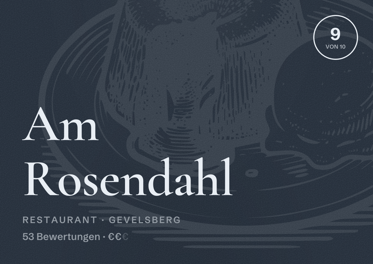 Illustriertes Poster von Am Rosendahl, Restaurant in Gevelsberg: Bewertung 9 von 10 aus 53 Bewertungen, Preisniveau €€