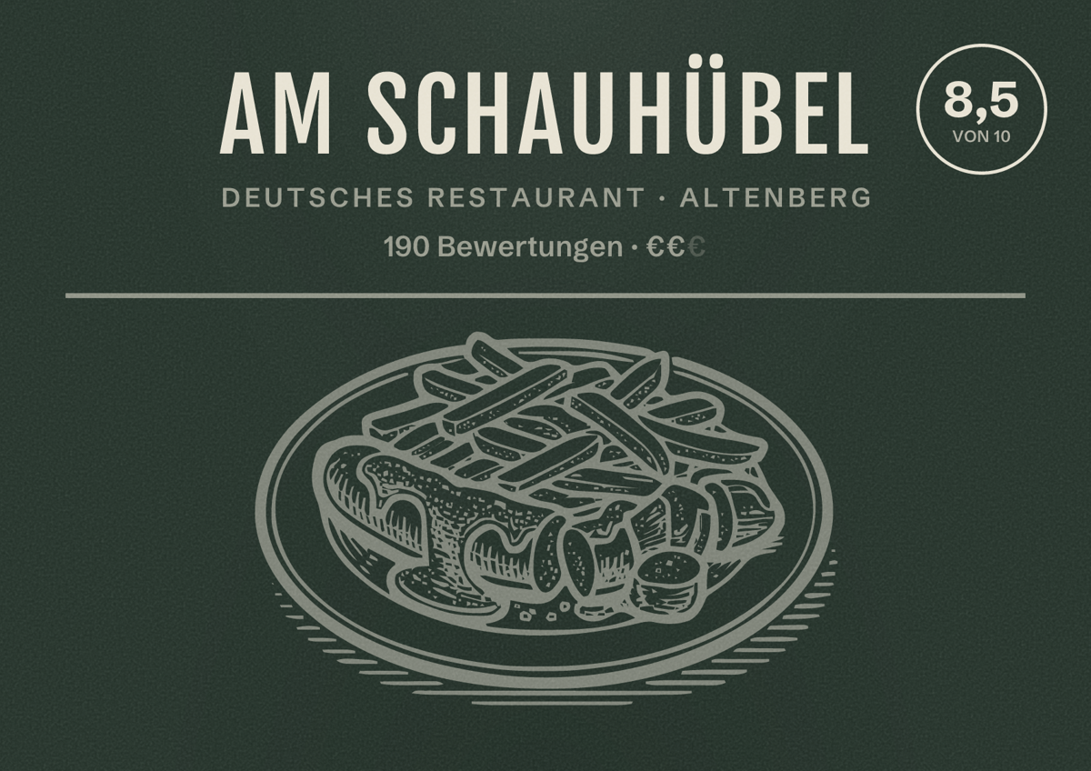 Illustriertes Poster von Am Schauhübel, Deutsches Restaurant in Altenberg: Bewertung 8,5 von 10 aus 190 Bewertungen, Preisniveau €€