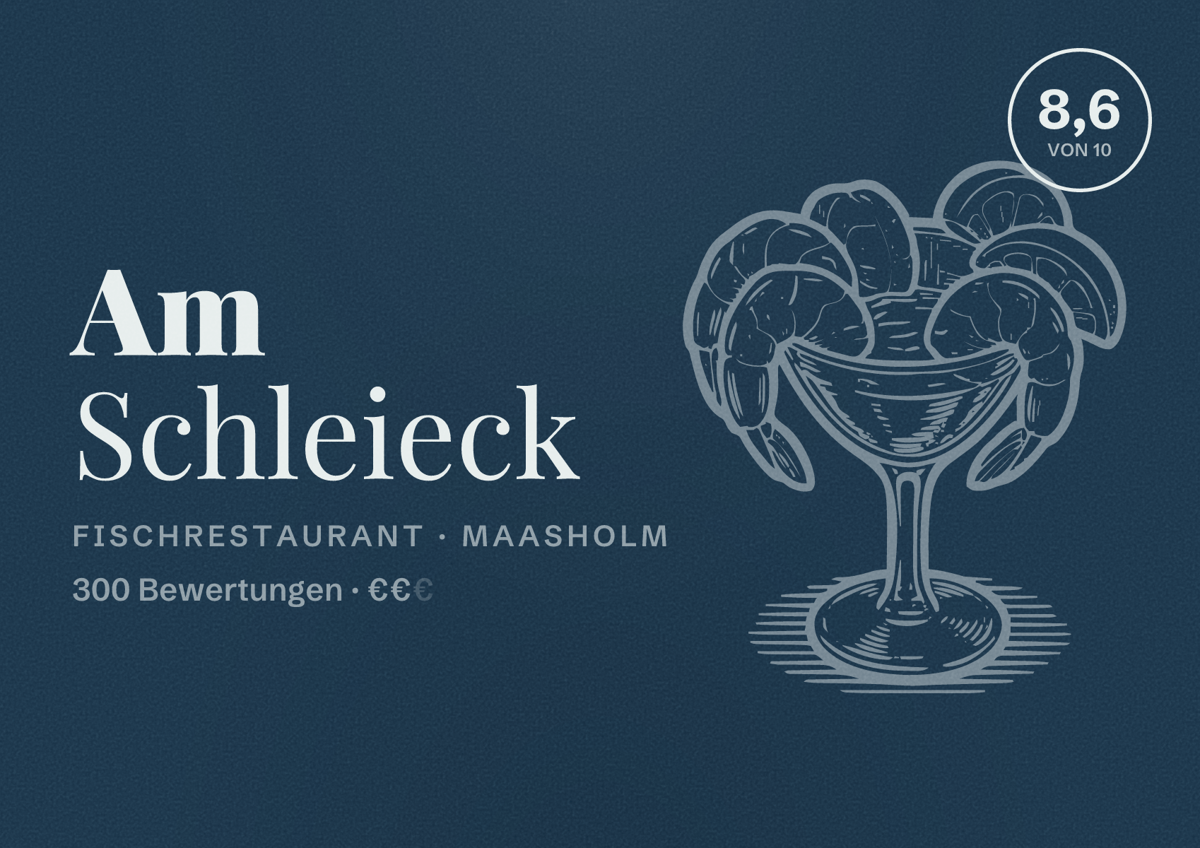 Illustriertes Poster von Am Schleieck, Fischrestaurant in Maasholm: Bewertung 8,6 von 10 aus 300 Bewertungen, Preisniveau €€