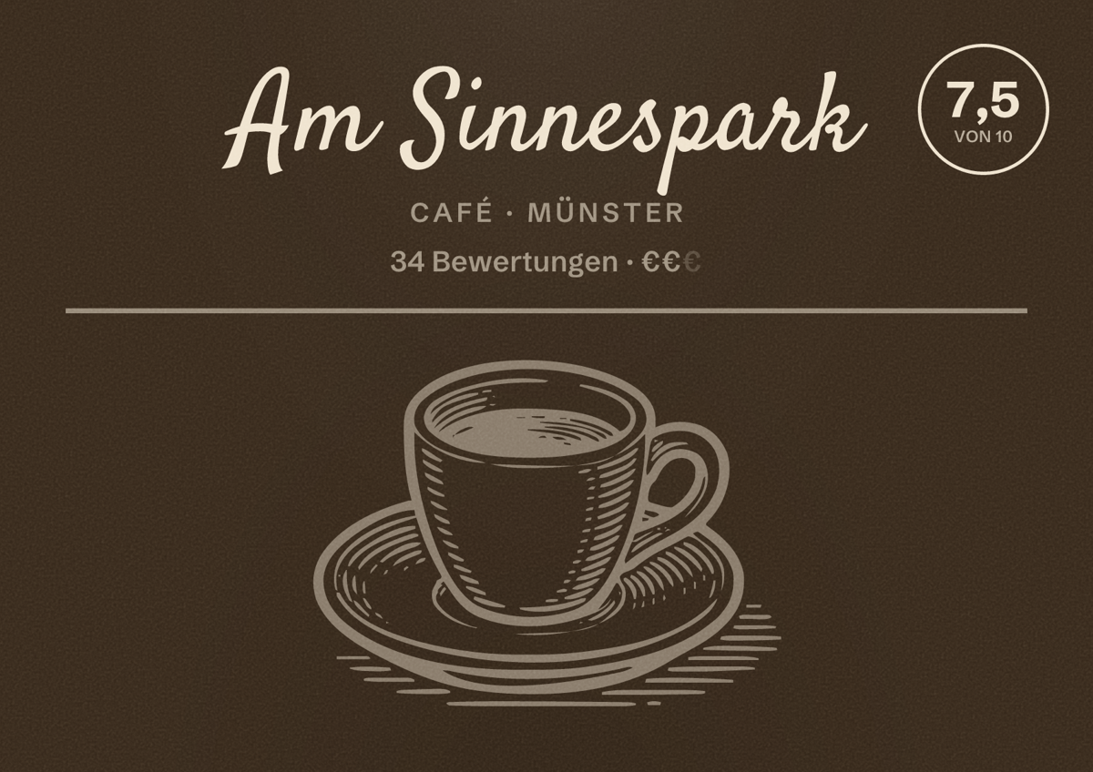 Illustriertes Poster von Am Sinnespark, Café in Münster: Bewertung 7,5 von 10 aus 34 Bewertungen, Preisniveau €€