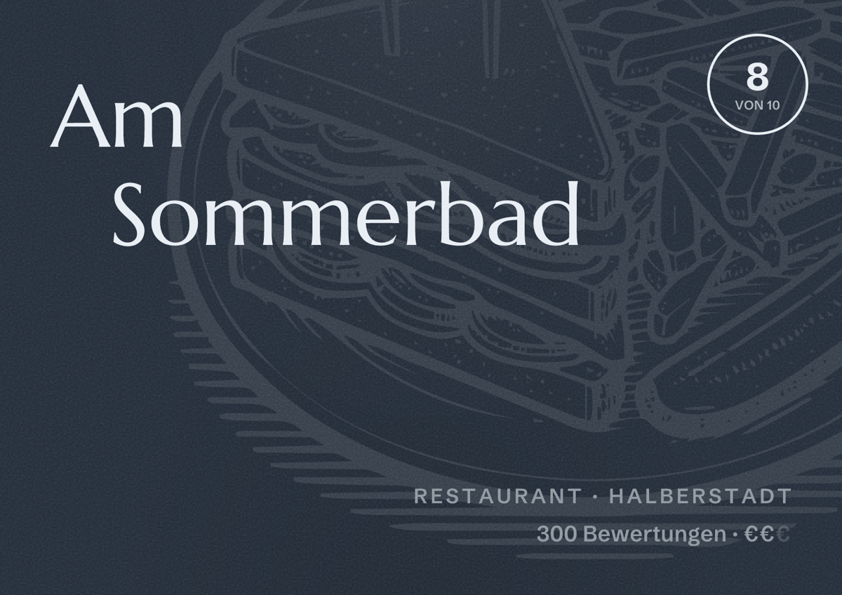 Illustriertes Poster von Am Sommerbad, Restaurant in Halberstadt: Bewertung 8 von 10 aus 300 Bewertungen, Preisniveau €€
