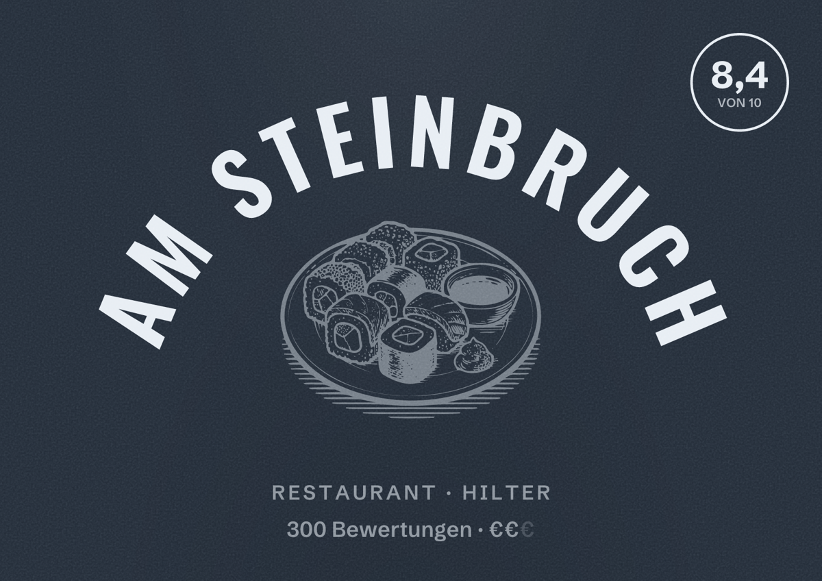 Illustriertes Poster von Am Steinbruch, Restaurant in Hilter: Bewertung 8,4 von 10 aus 300 Bewertungen, Preisniveau €€