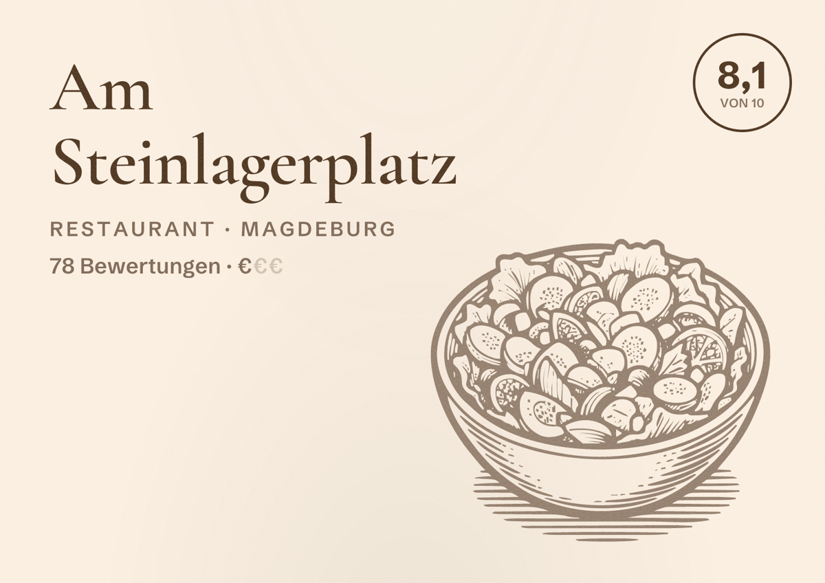 Illustriertes Poster von Am Steinlagerplatz, Restaurant in Magdeburg: Bewertung 8,1 von 10 aus 78 Bewertungen, Preisniveau €