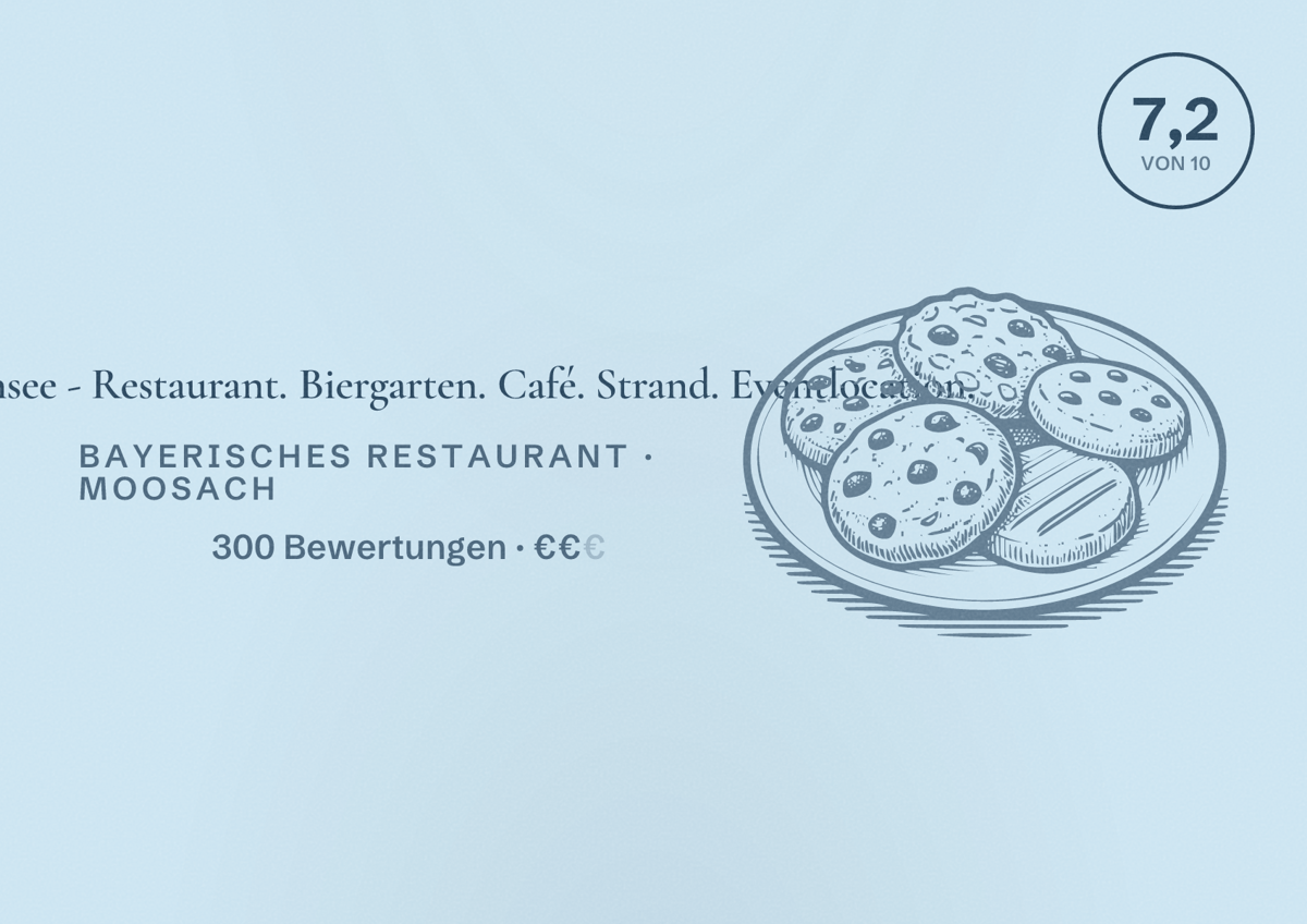 Illustriertes Poster von Am Steinsee - Restaurant. Biergarten. Café. Strand. Eventlocation., Bayerisches Restaurant in Moosach: Bewertung 7,2 von 10 aus 300 Bewertungen, Preisniveau €€