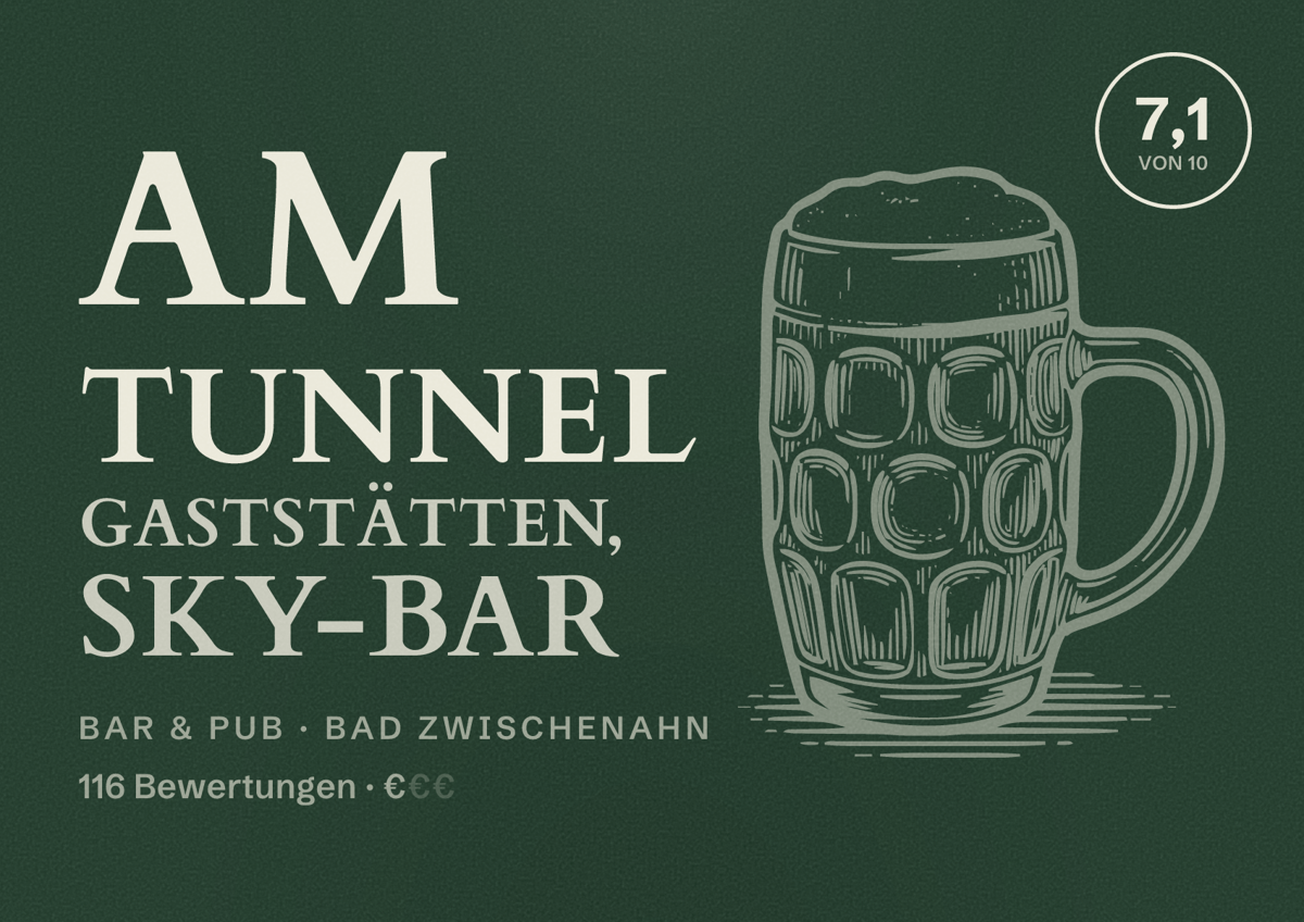 Illustriertes Poster von Am Tunnel Gaststätten, Sky-Bar, Bar & Pub in Bad Zwischenahn: Bewertung 7,1 von 10 aus 116 Bewertungen, Preisniveau €
