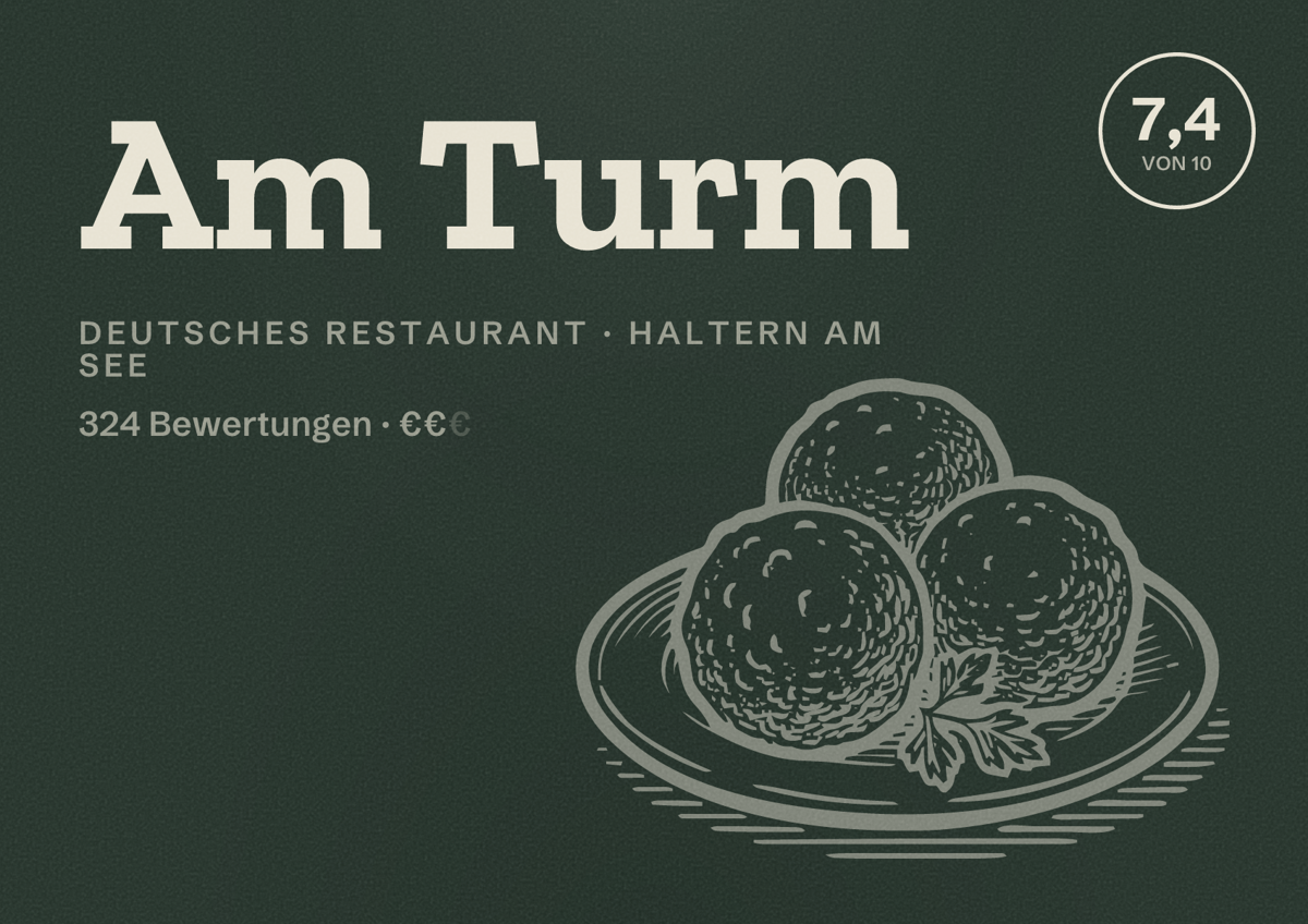 Illustriertes Poster von Am Turm, Deutsches Restaurant in Haltern am See: Bewertung 7,4 von 10 aus 324 Bewertungen, Preisniveau €€