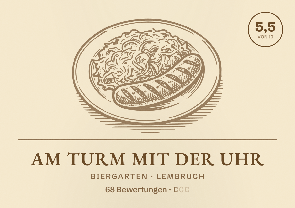 Illustriertes Poster von Am Turm mit der Uhr, Biergarten in Lembruch: Bewertung 5,5 von 10 aus 68 Bewertungen, Preisniveau €