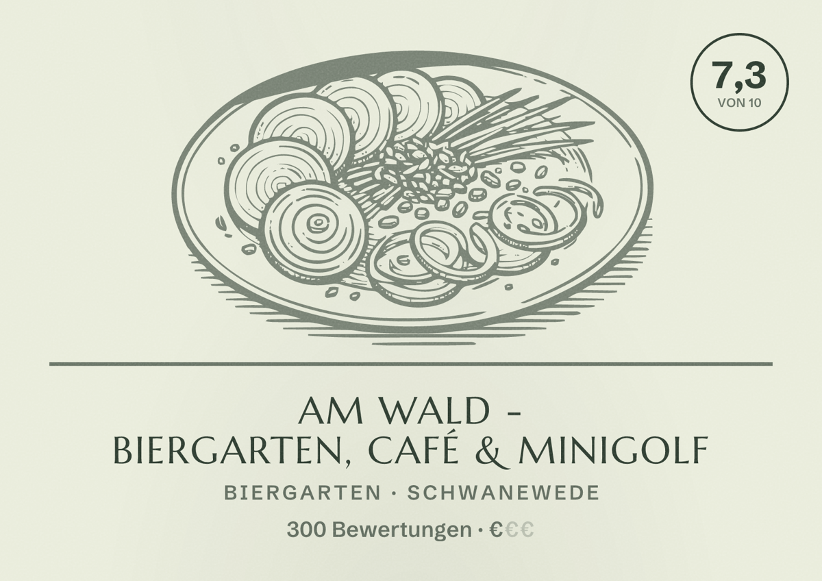 Illustriertes Poster von Am Wald - Biergarten, Café & Minigolf, Biergarten in Schwanewede: Bewertung 7,3 von 10 aus 300 Bewertungen, Preisniveau €
