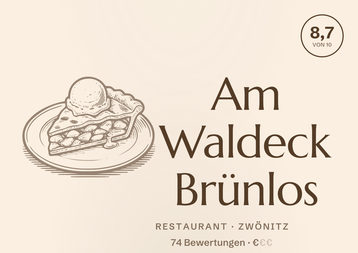 Illustriertes Poster von Am Waldeck Brünlos, Restaurant in Zwönitz: Bewertung 8,7 von 10 aus 74 Bewertungen, Preisniveau €