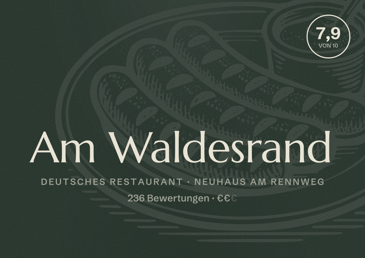 Illustriertes Poster von Am Waldesrand, Deutsches Restaurant in Neuhaus am Rennweg: Bewertung 7,9 von 10 aus 236 Bewertungen, Preisniveau €€