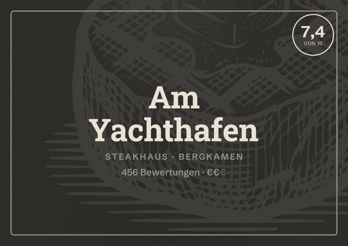 Illustriertes Poster von Am Yachthafen, Steakhaus in Bergkamen: Gästebewertung 7,4 von 10 aus 456 Bewertungen