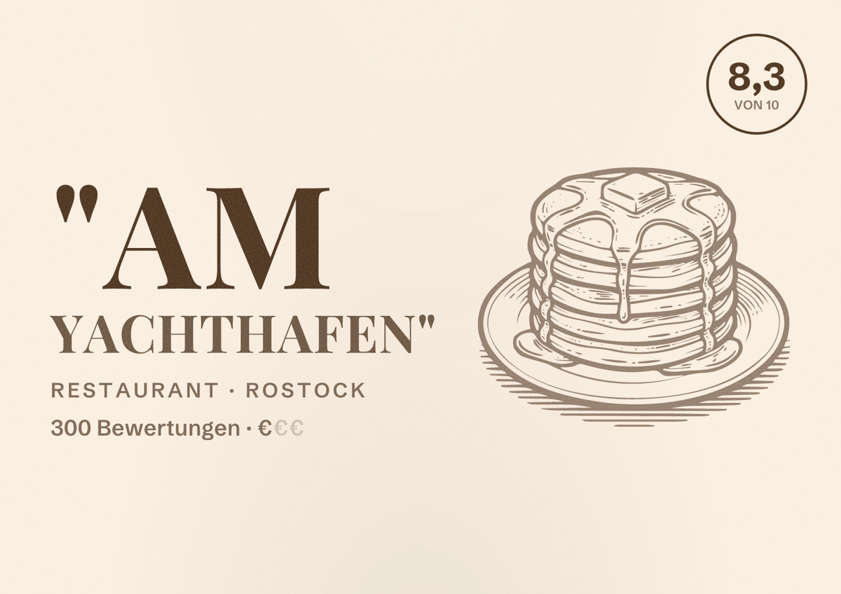 Illustriertes Poster von "Am Yachthafen", Restaurant in Rostock: Bewertung 8,3 von 10 aus 300 Bewertungen, Preisniveau €
