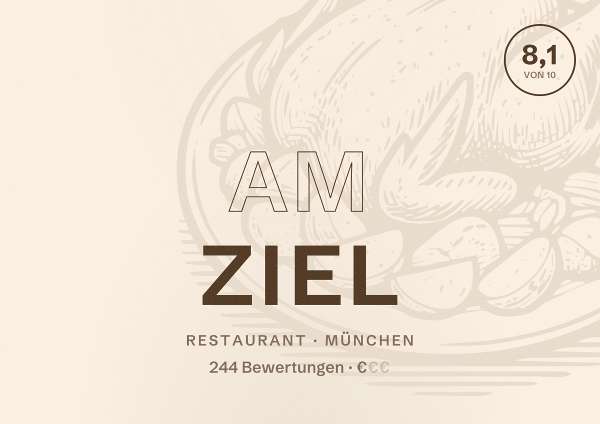 Illustriertes Poster von Am Ziel, Restaurant in München: Bewertung 8,1 von 10 aus 244 Bewertungen, Preisniveau €