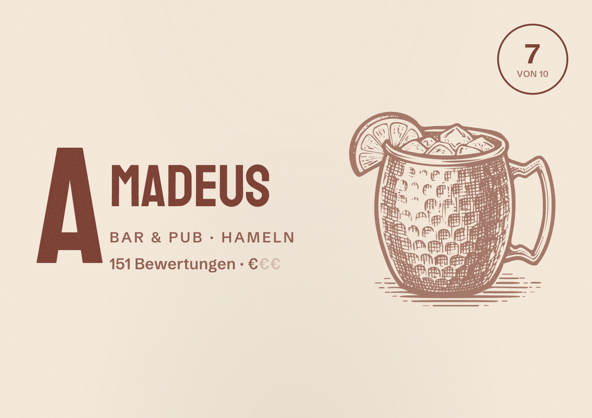 Illustriertes Poster von Amadeus, Bar & Pub in Hameln: Bewertung 7 von 10 aus 151 Bewertungen, Preisniveau €