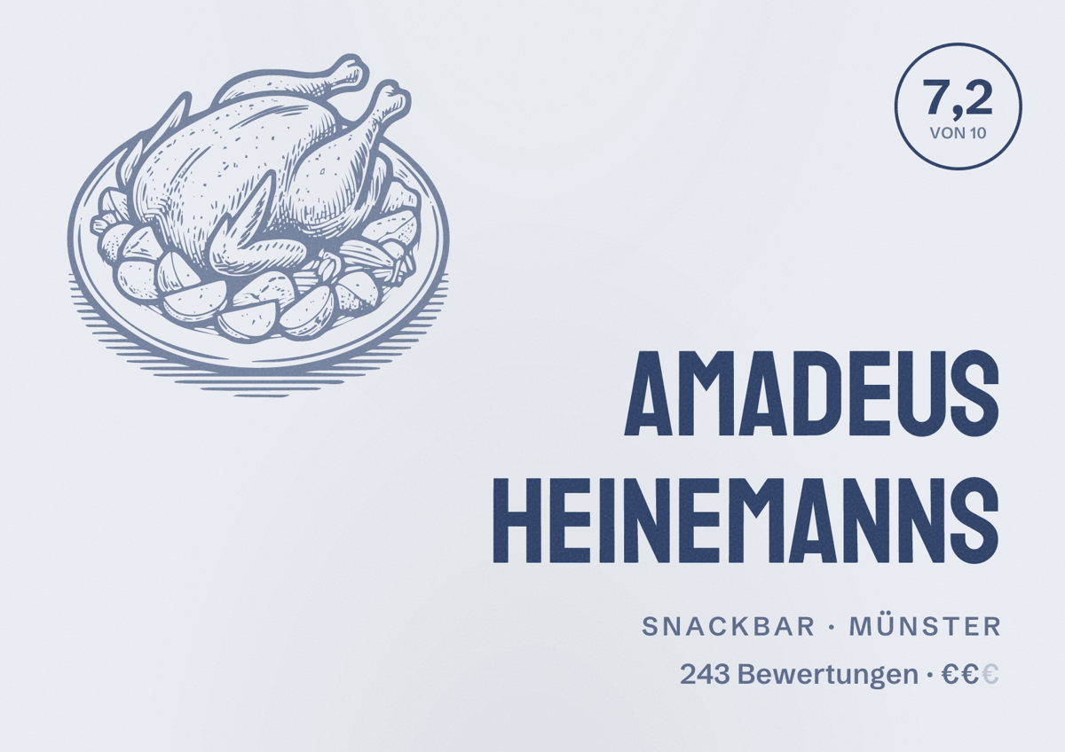 Illustriertes Poster von Amadeus Heinemanns, Snackbar in Münster: Bewertung 7,2 von 10 aus 243 Bewertungen, Preisniveau €€