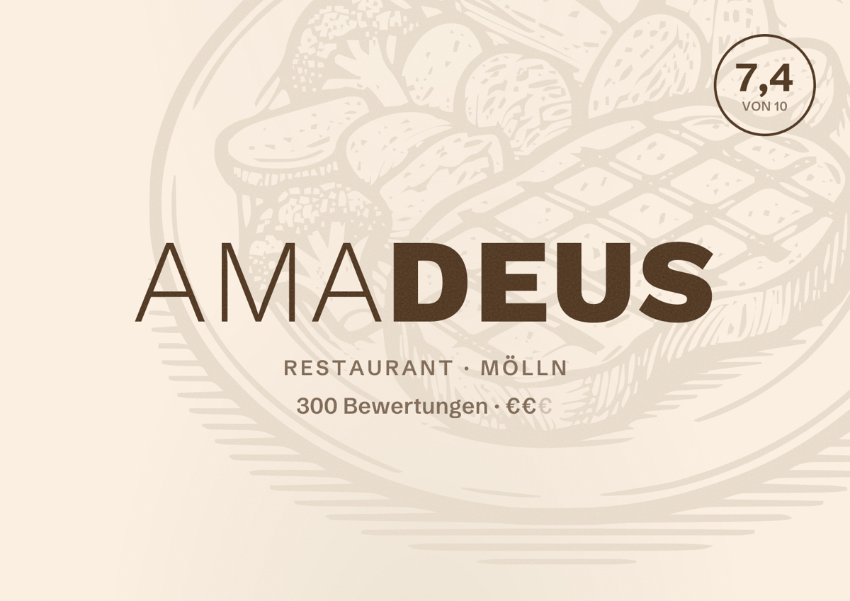 Illustriertes Poster von Amadeus, Restaurant in Mölln: Bewertung 7,4 von 10 aus 300 Bewertungen, Preisniveau €€