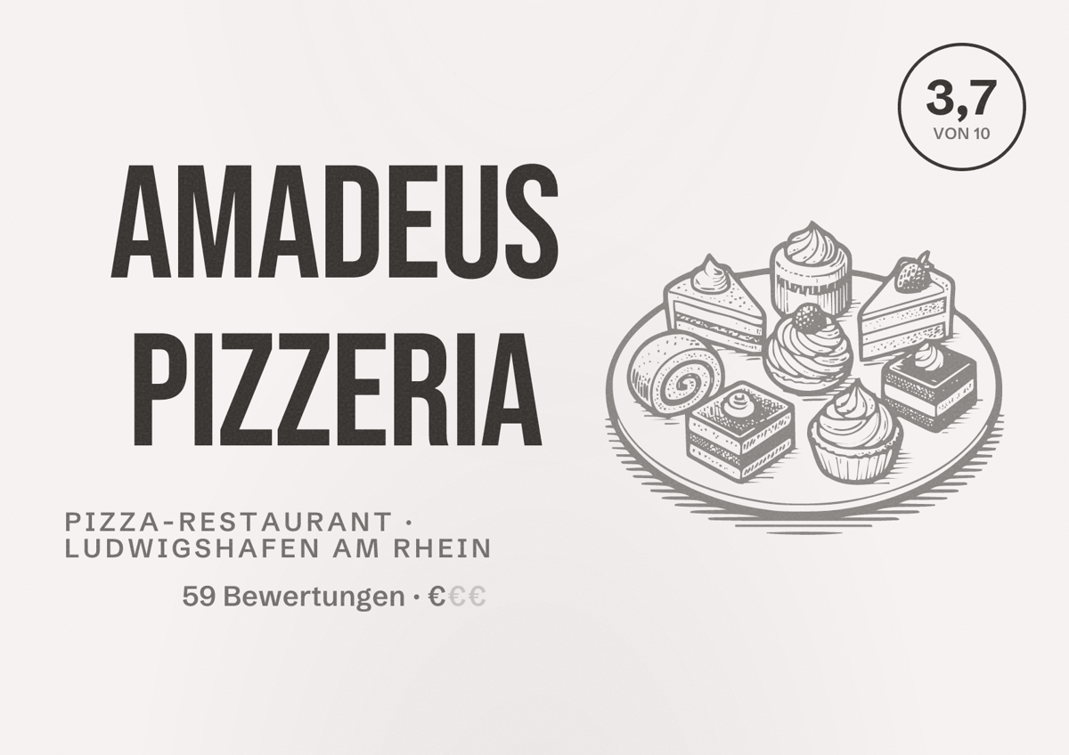 Illustriertes Poster von Amadeus Pizzeria, Pizza-Restaurant in Ludwigshafen am Rhein: Bewertung 3,7 von 10 aus 59 Bewertungen, Preisniveau €