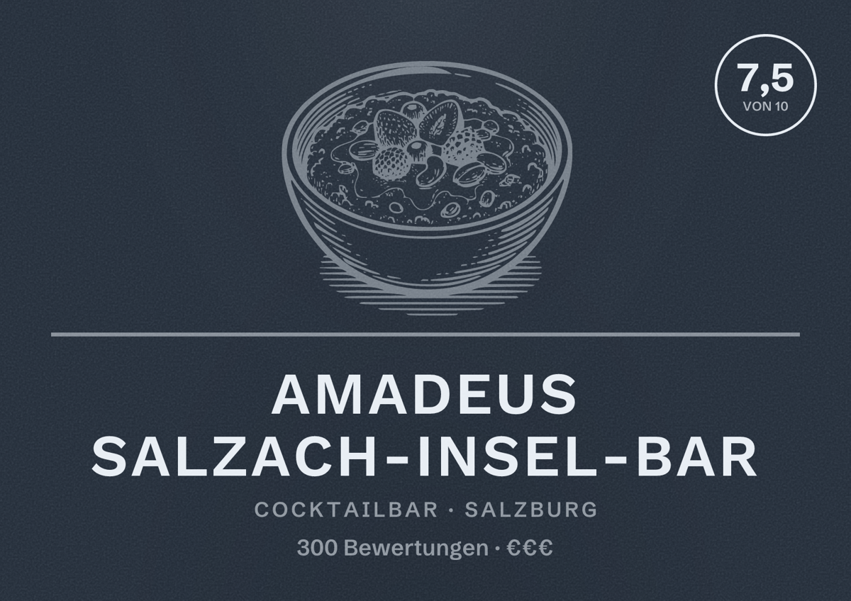 Illustriertes Poster von Amadeus Salzach-Insel-Bar, Cocktailbar in Salzburg: Bewertung 7,5 von 10 aus 300 Bewertungen, Preisniveau €€€