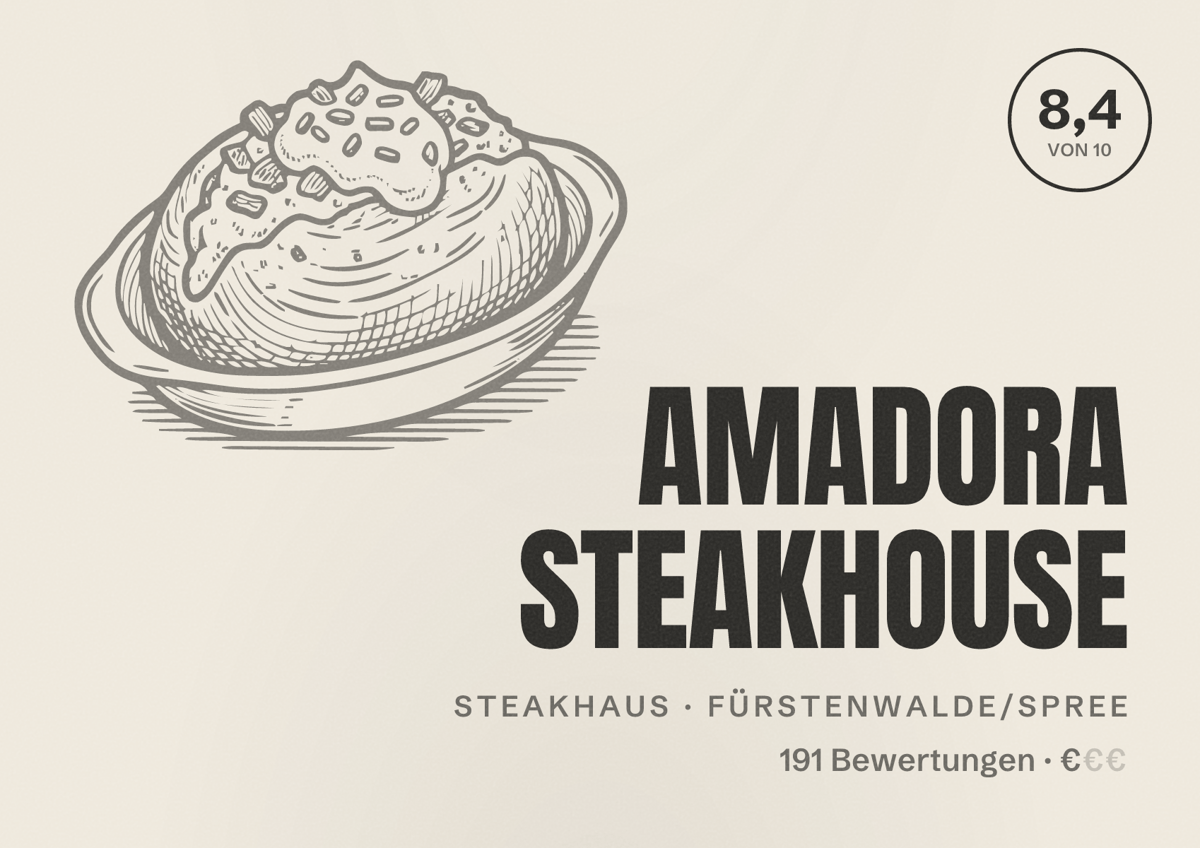 Illustriertes Poster von AMADORA STEAKHOUSE, Steakhaus in Fürstenwalde/Spree: Bewertung 8,4 von 10 aus 191 Bewertungen, Preisniveau €