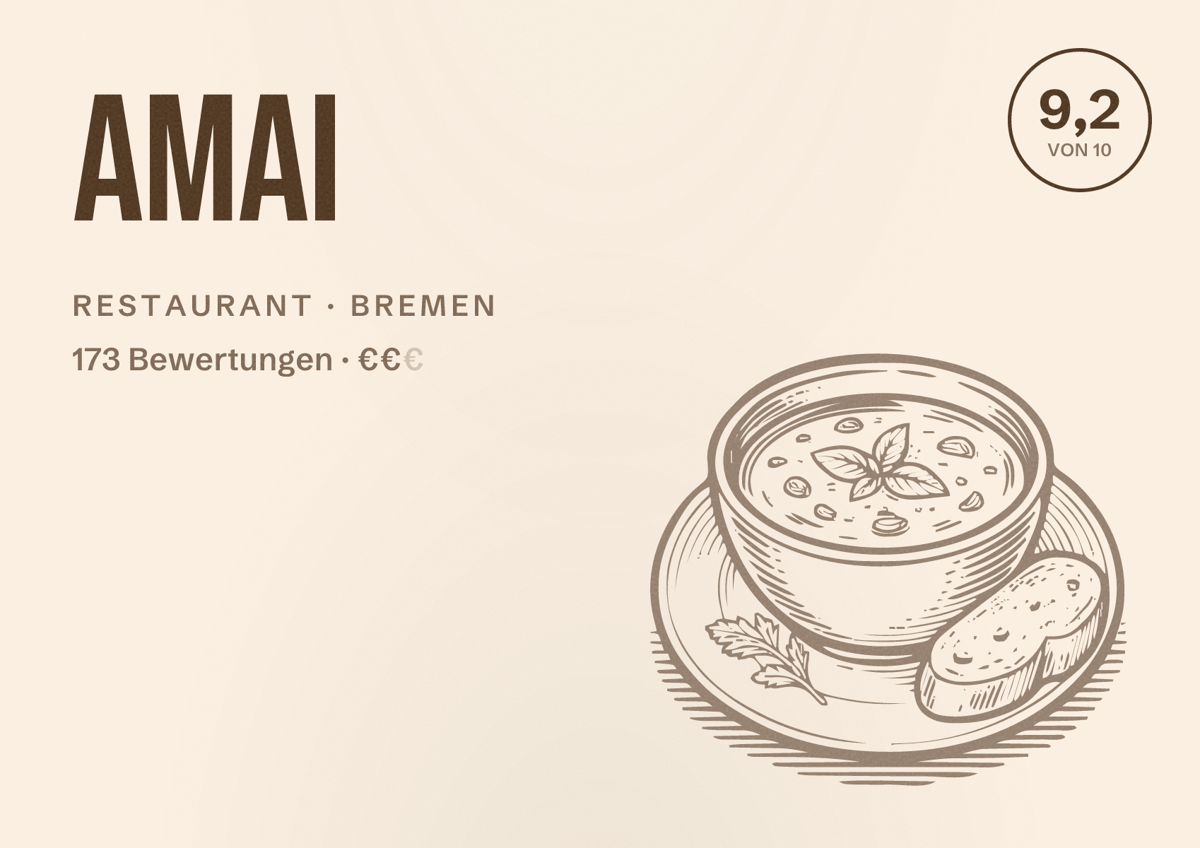 Illustriertes Poster von Amai, Restaurant in Bremen: Bewertung 9,2 von 10 aus 173 Bewertungen, Preisniveau €€