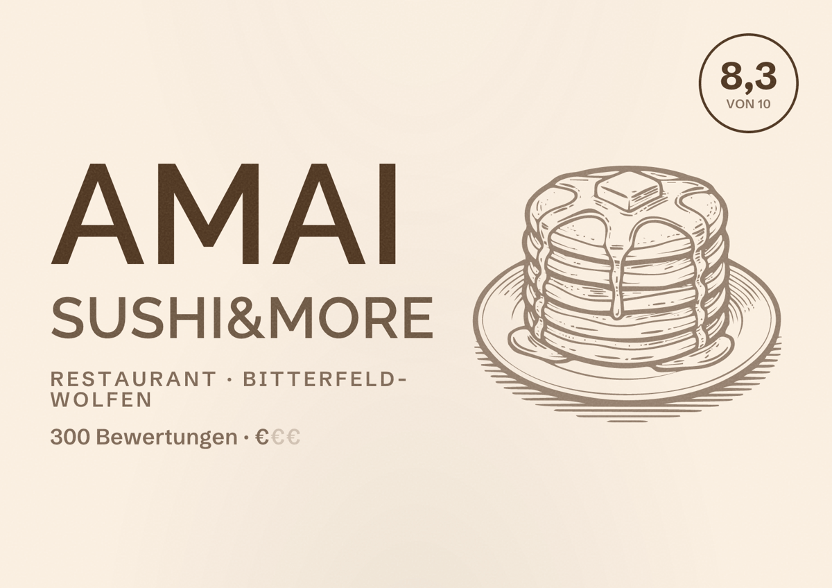 Illustriertes Poster von Amai Sushi&More, Restaurant in Bitterfeld-Wolfen: Bewertung 8,3 von 10 aus 300 Bewertungen, Preisniveau €