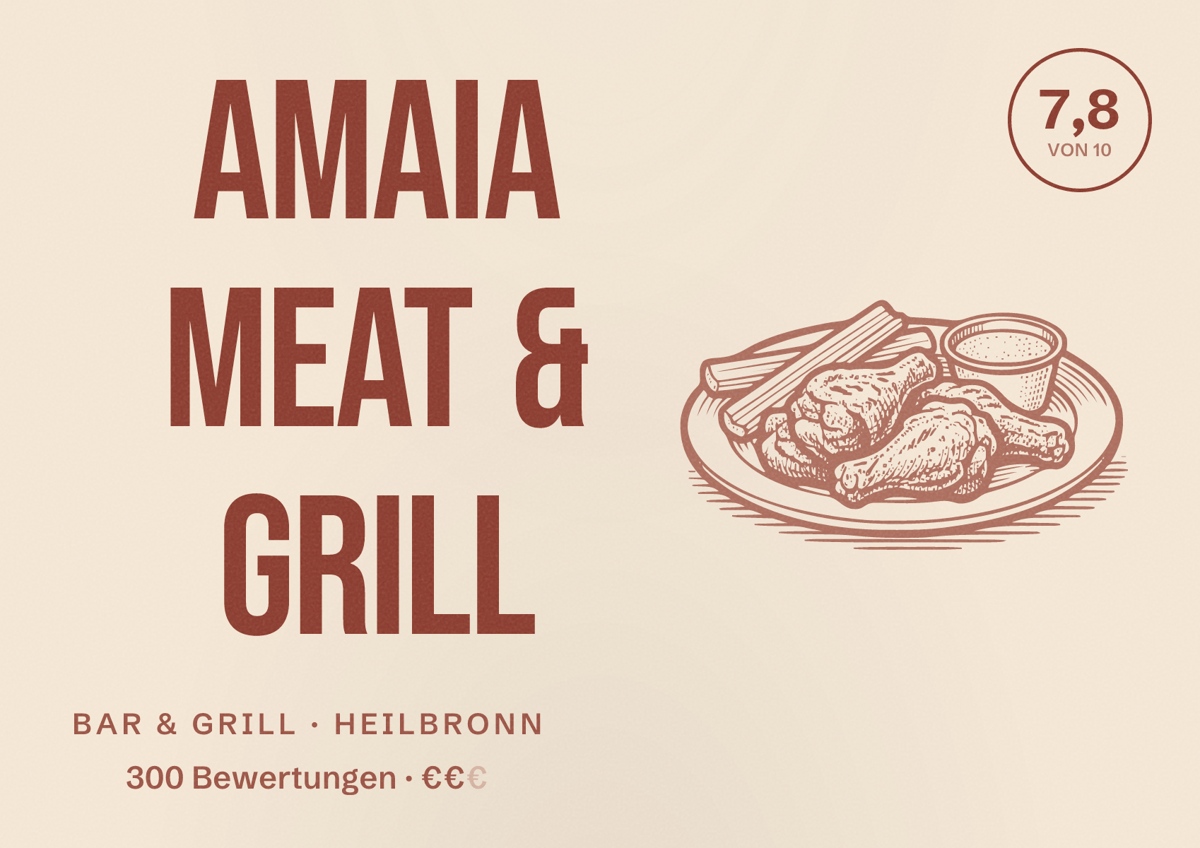 Illustriertes Poster von AMAIA Meat & Grill, Bar & Grill in Heilbronn: Bewertung 7,8 von 10 aus 300 Bewertungen, Preisniveau €€