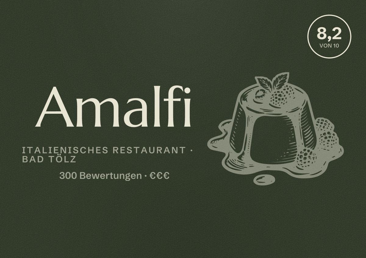 Illustriertes Poster von Amalfi, Italienisches Restaurant in Bad Tölz: Bewertung 8,2 von 10 aus 300 Bewertungen, Preisniveau €€€