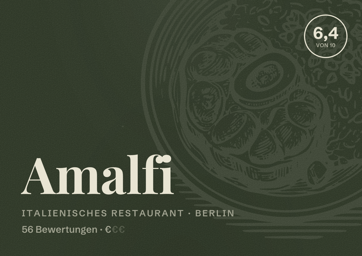 Illustriertes Poster von Amalfi, Italienisches Restaurant in Berlin: Bewertung 6,4 von 10 aus 56 Bewertungen, Preisniveau €