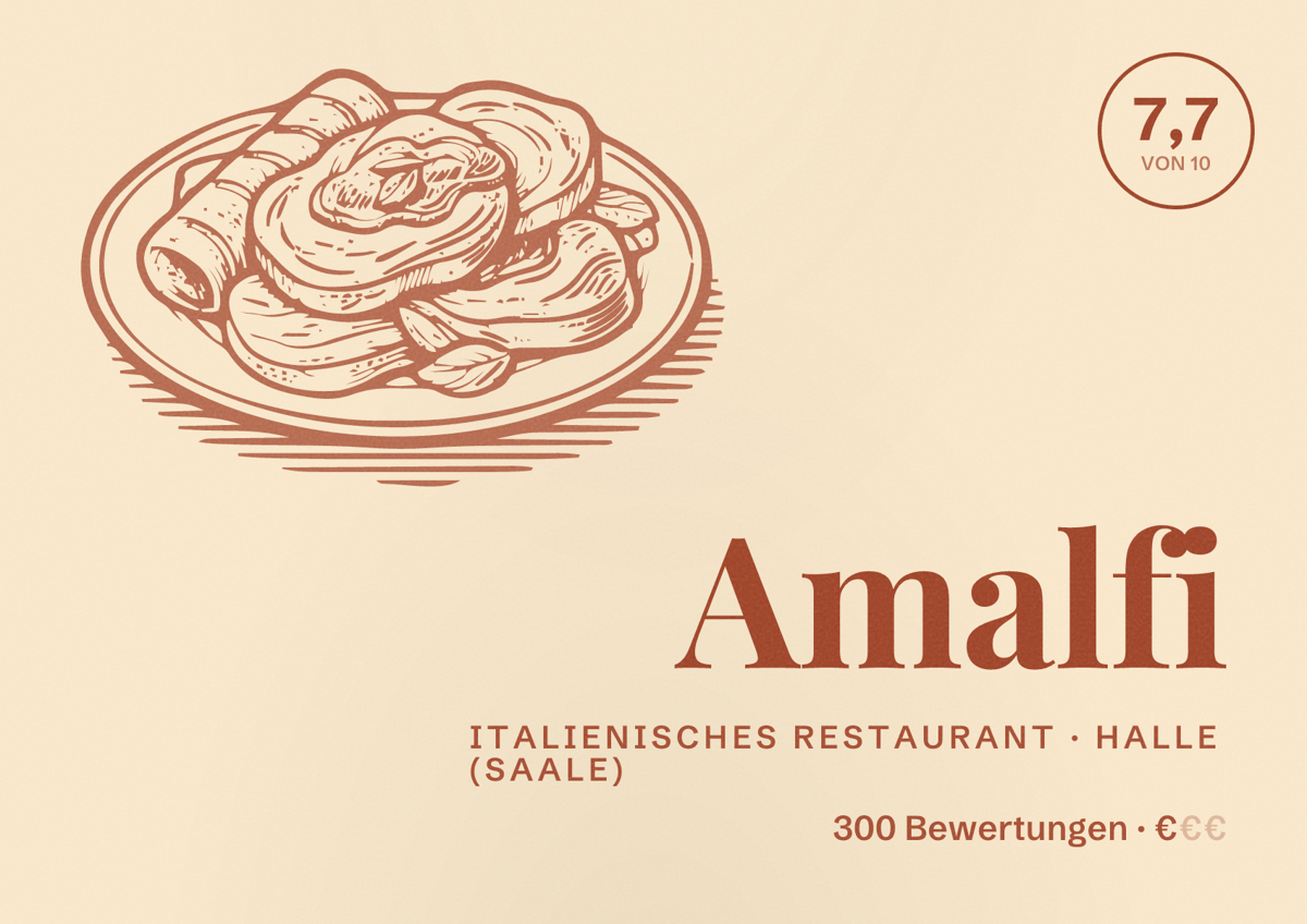 Illustriertes Poster von Amalfi, Italienisches Restaurant in Halle (Saale): Bewertung 7,7 von 10 aus 300 Bewertungen, Preisniveau €
