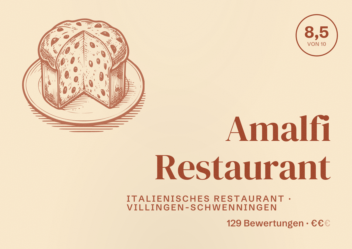 Illustriertes Poster von Amalfi Restaurant, Italienisches Restaurant in Villingen-Schwenningen: Bewertung 8,5 von 10 aus 129 Bewertungen, Preisniveau €€