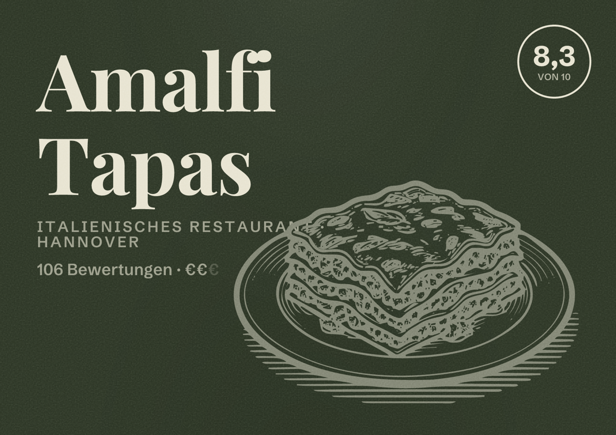 Illustriertes Poster von Amalfi Tapas, Italienisches Restaurant in Hannover: Bewertung 8,3 von 10 aus 106 Bewertungen, Preisniveau €€